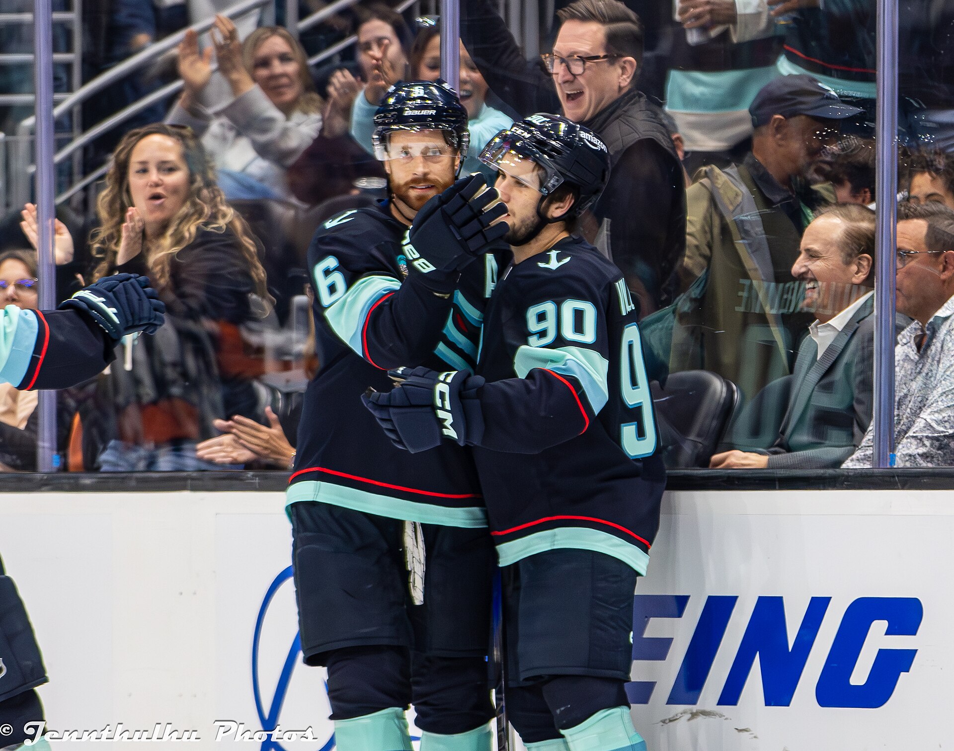 Calgary Flames players celebrate a goal (file photo)