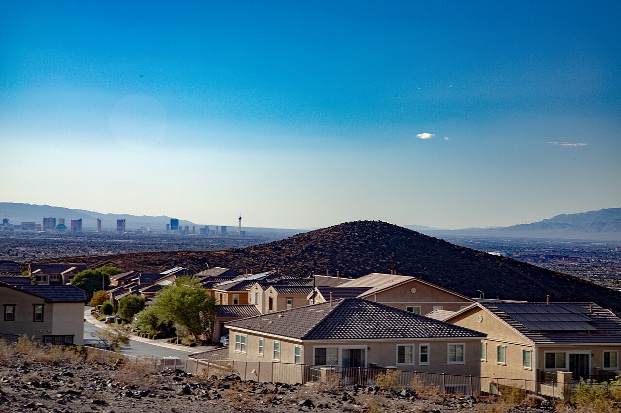 The Las Vegas skyline seen from a higher vantage point in the McCullough Hills neighborhood of Henderson, Nevada