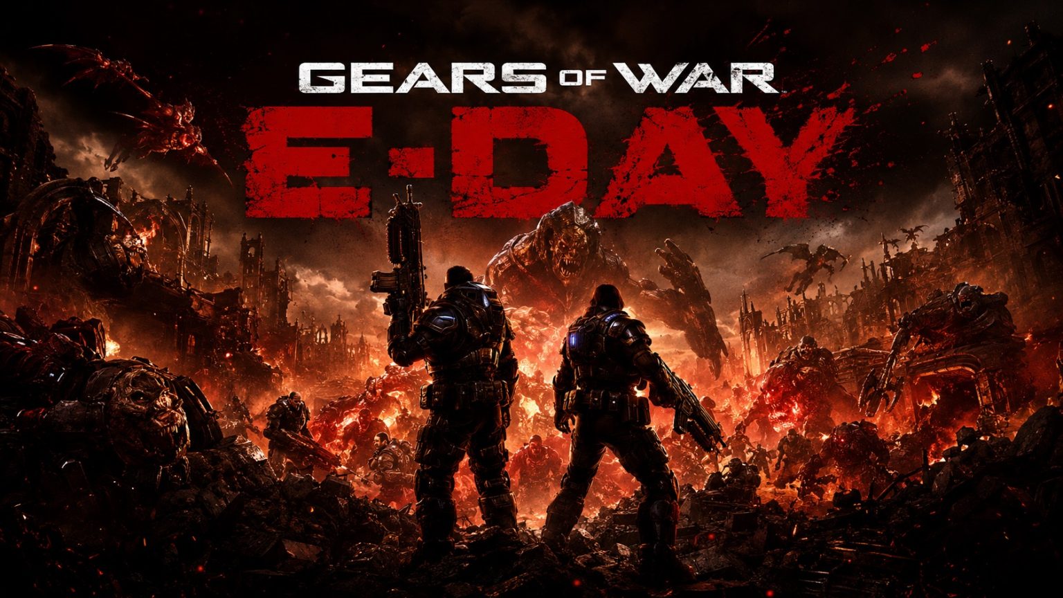 Gears of War: E-Day combat scene with soldiers fighting the Locust Horde
