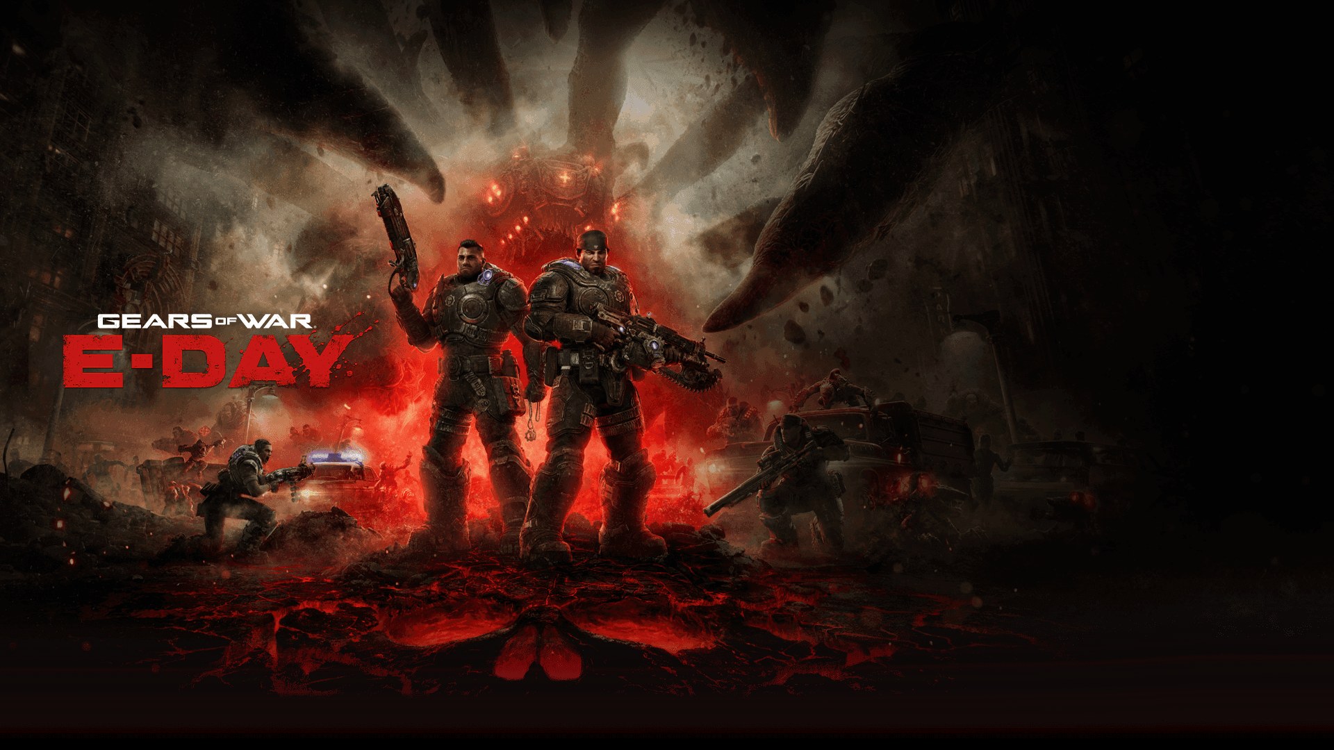 Official Gears of War: E-Day key art — armored COG soldiers standing their ground on a burning battlefield beneath a towering Locust creature
