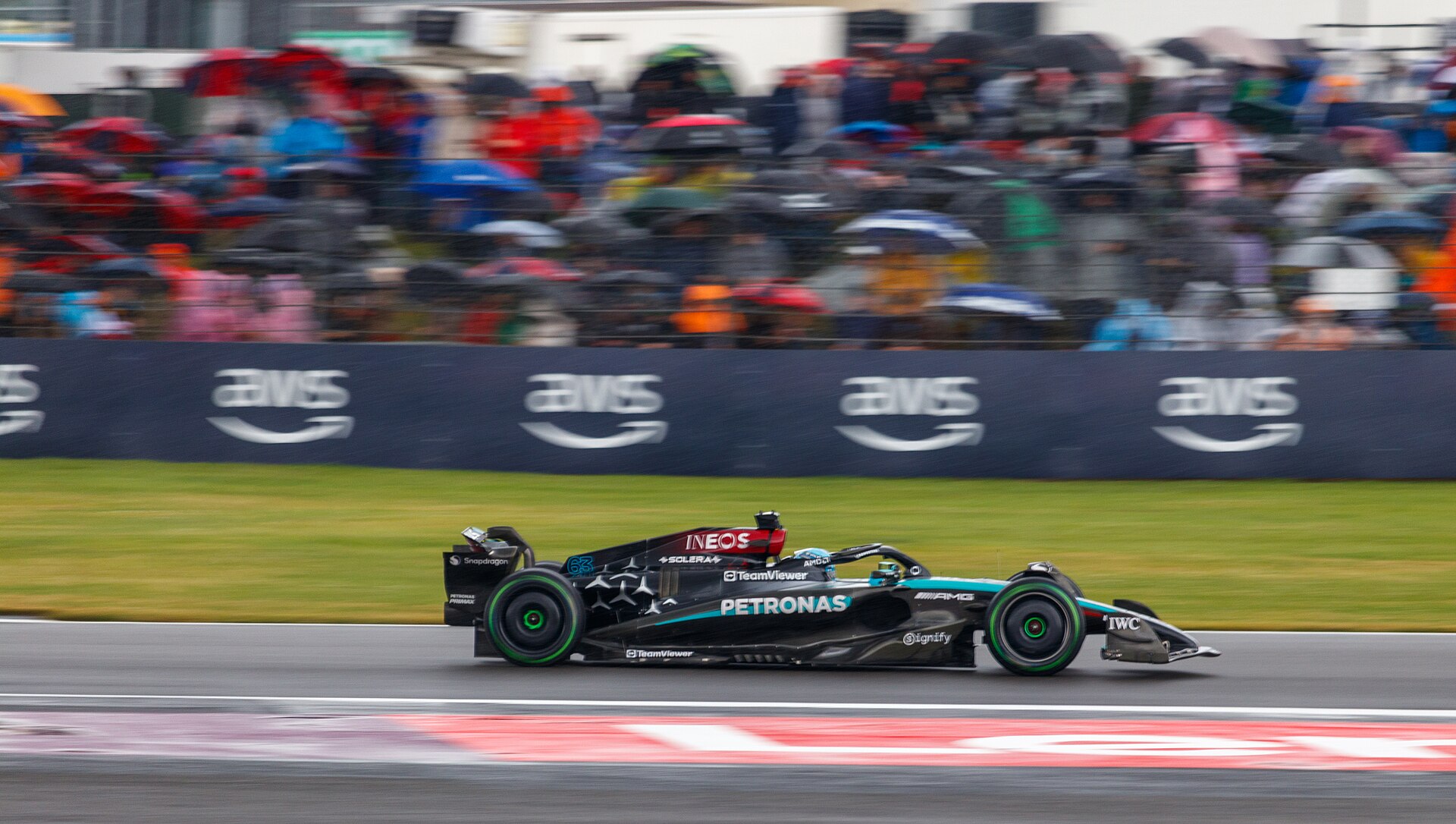 George Russell driving his Mercedes at the 2024 British Grand Prix at Silverstone