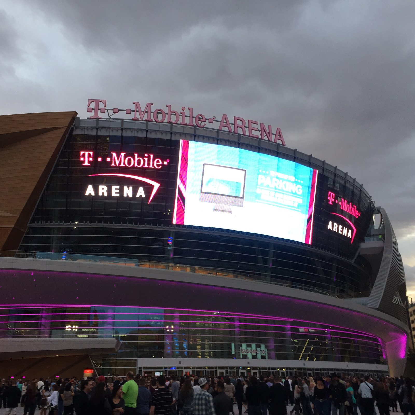 Fans gathering outside T-Mobile Arena before a game.