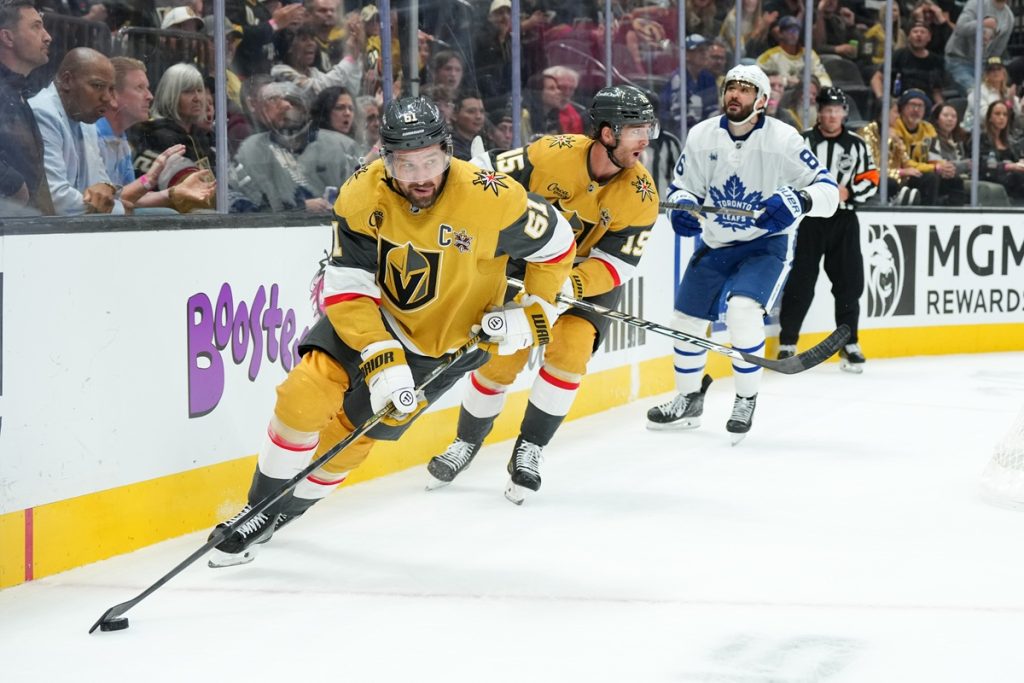 Vegas Golden Knights captain Mark Stone skates with the puck at T-Mobile Arena