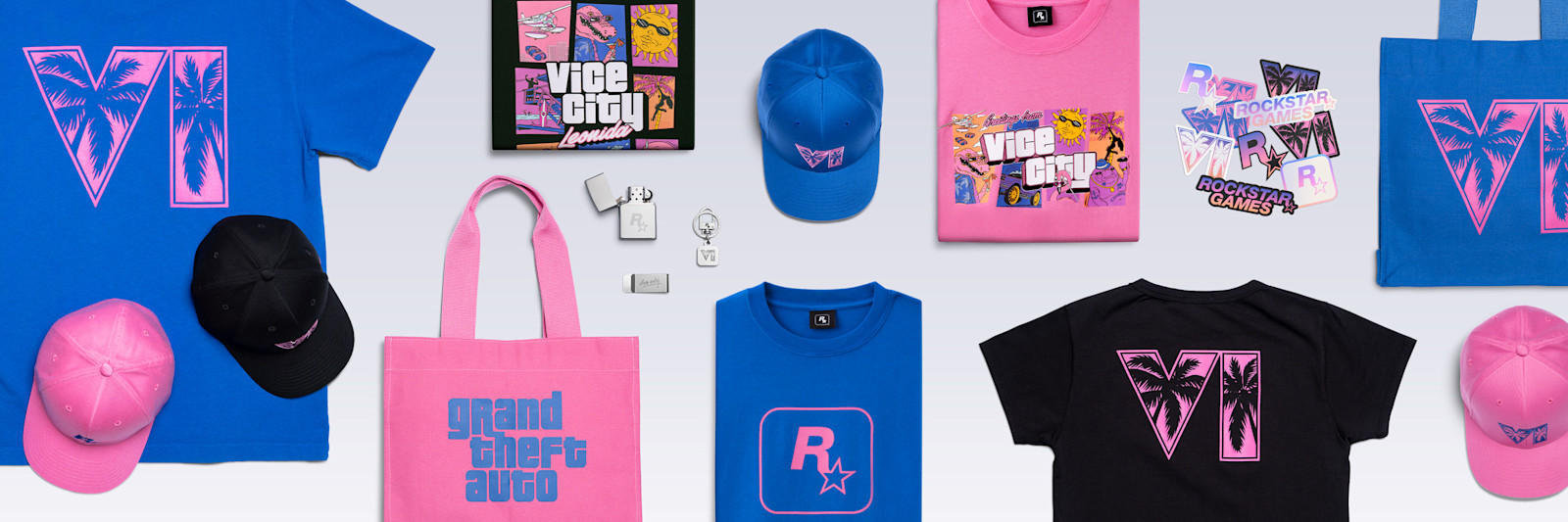 The official Grand Theft Auto VI merch collection — Vice City tees, palm-tree hats, tote bags, stickers, and collectibles in pink, blue, and black
