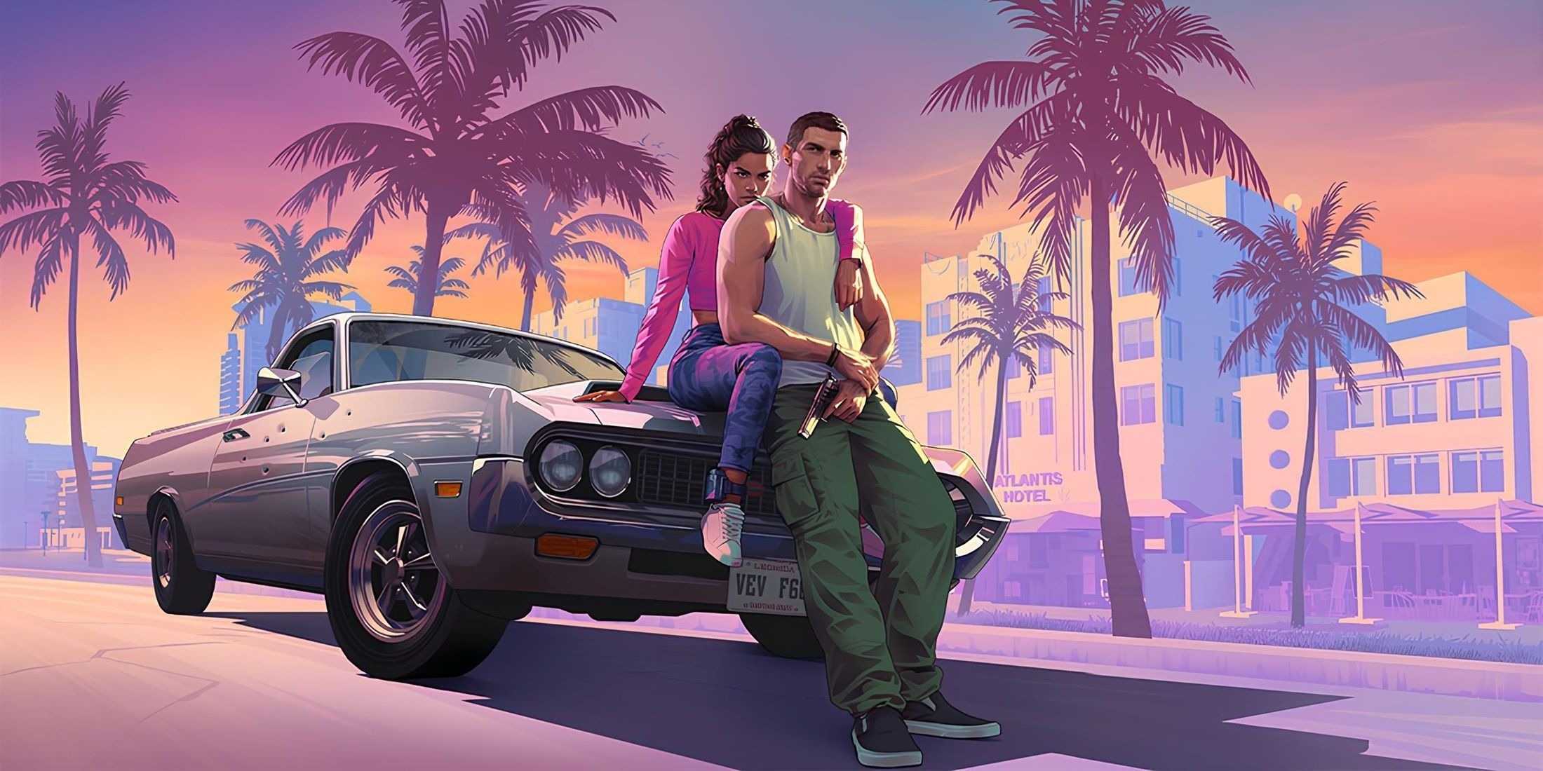 Official GTA VI key art of Lucia and Jason leaning on a classic muscle car under a Miami sunset with palm trees and art-deco buildings