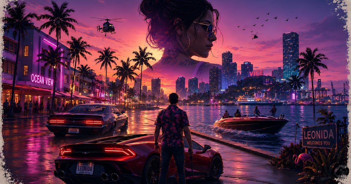 Vice City neon artwork: a neon-lit Miami waterfront at sunset with palm trees, sports cars, and a welcome sign reading Leonida Welcomes You