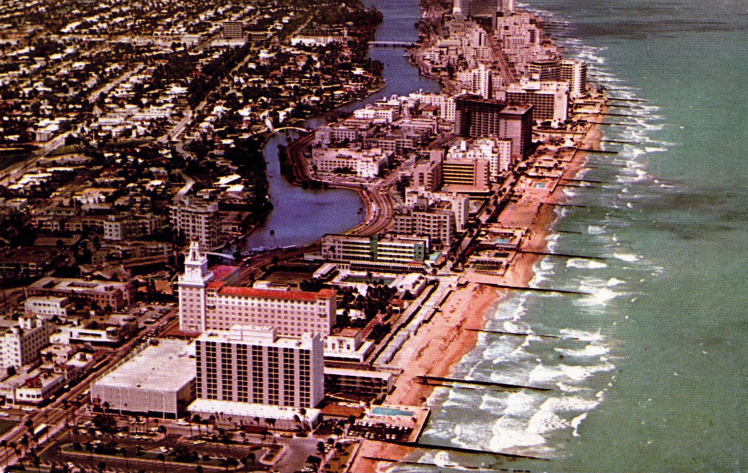 Aerial view of the Miami coastline that inspired GTA VI's Vice City, at dusk