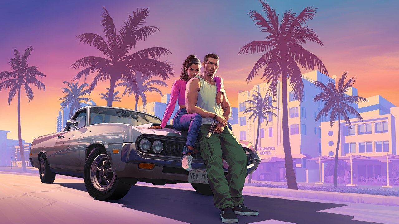Grand Theft Auto VI key art — the neon Vice City skyline with the game's protagonists.