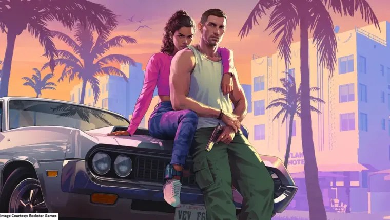 GTA VI trailer poster art — Lucia and Jason in neon Vice City.