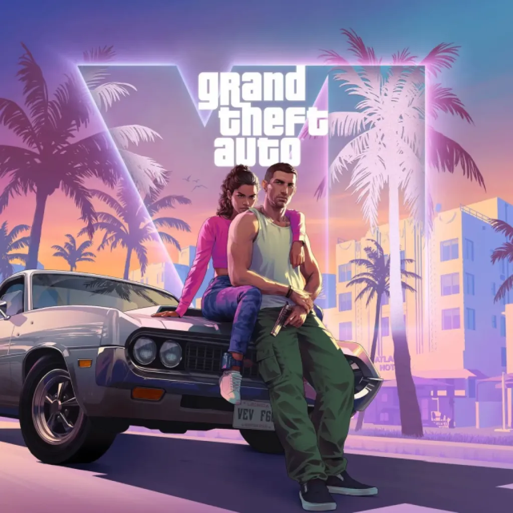 GTA VI key art of Lucia and Jason with the Vice City skyline