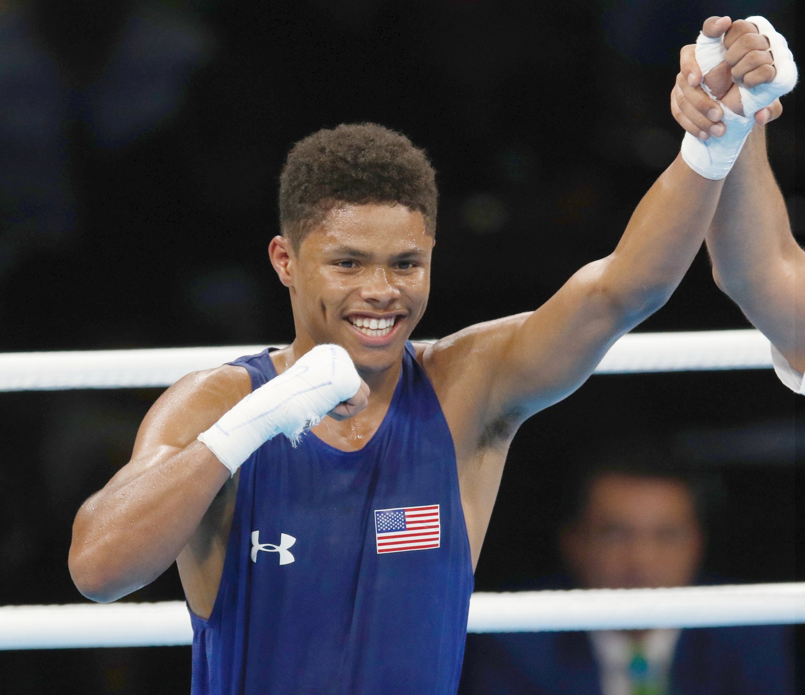 Shakur Stevenson celebrates after defeating Robenilson de Jesus at the Rio 2016 Olympics