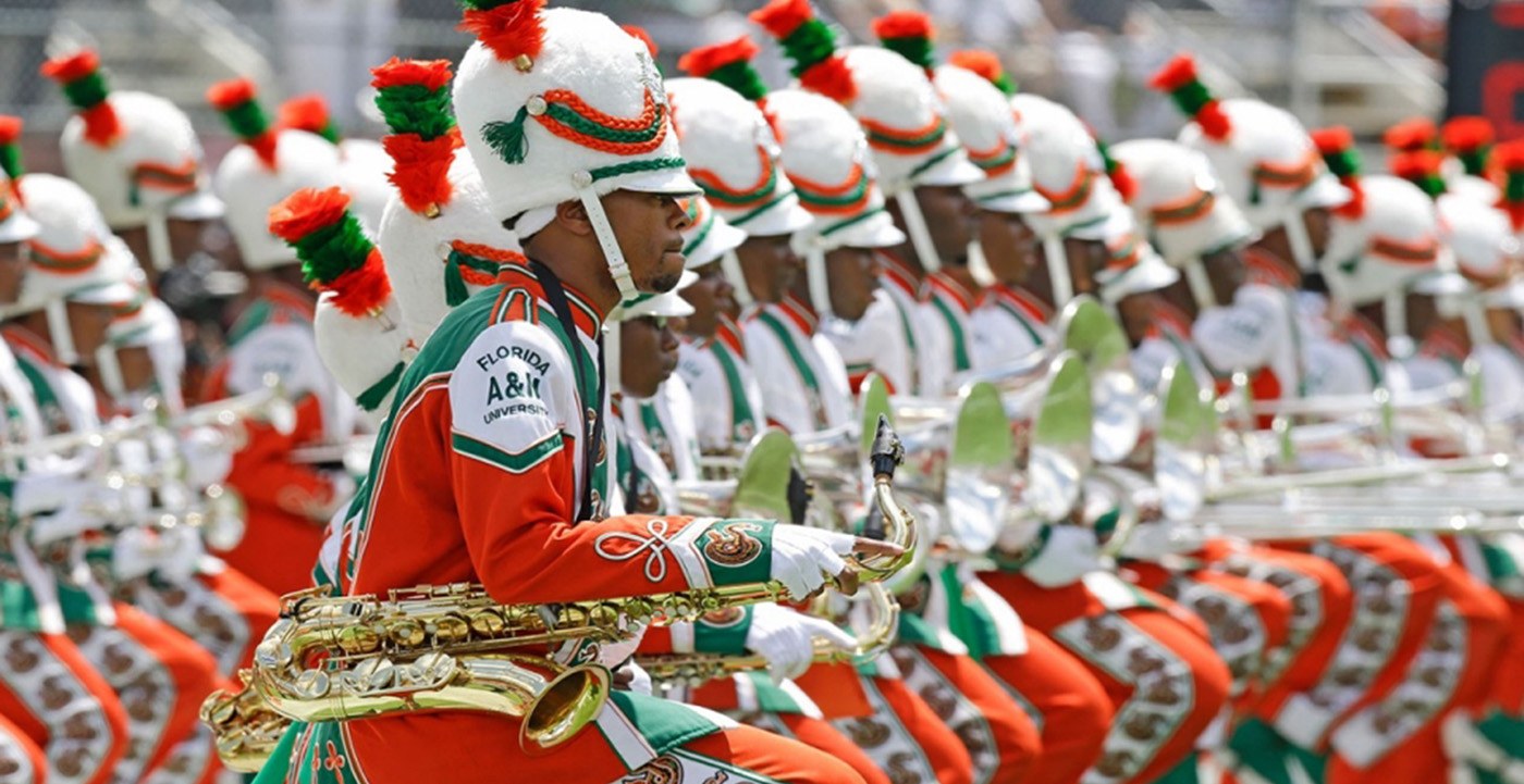 Florida A&M's Marching 100 performing in formation at a homecoming game