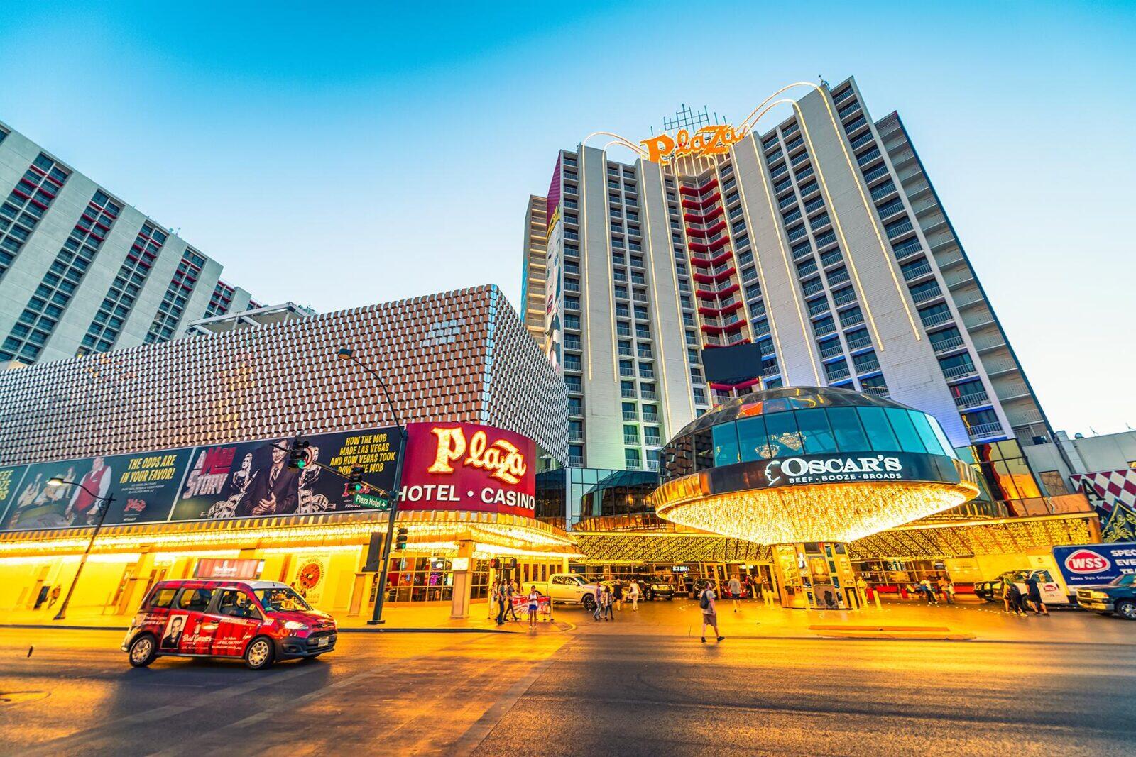 The Plaza Hotel & Casino in downtown Las Vegas at night