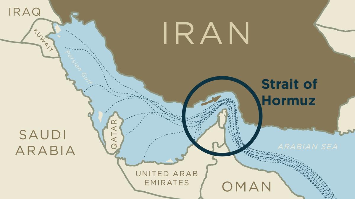 Map of the Strait of Hormuz showing the narrow shipping corridor