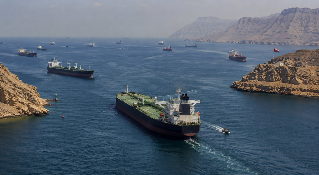 Oil tankers transiting a narrow strait in the Gulf