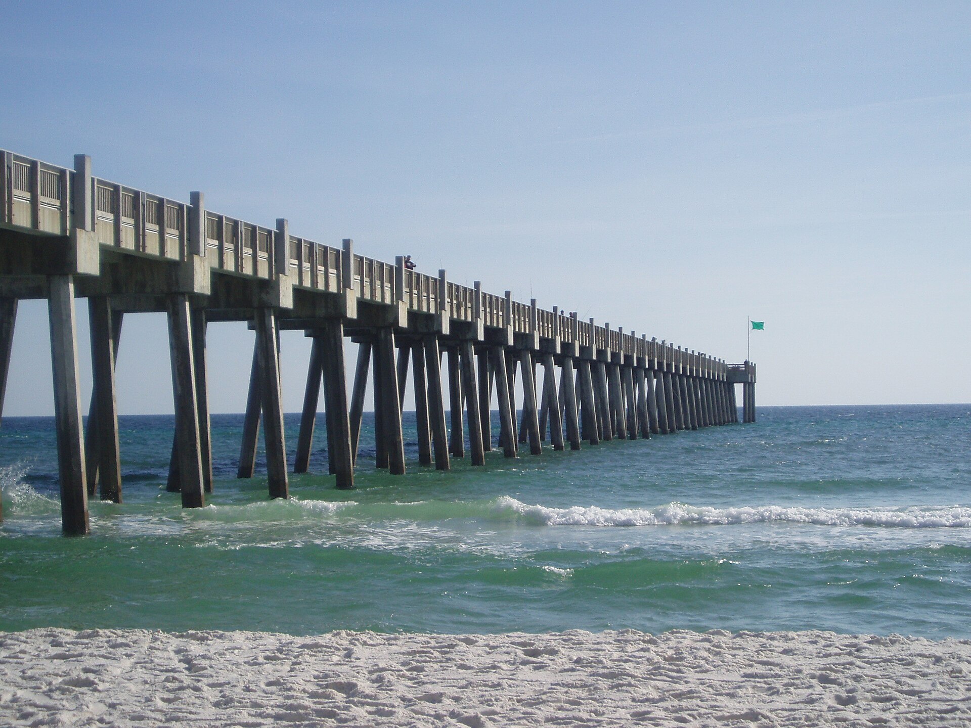 The beach at Gulf Pier in Pensacola Beach, Florida — the coastline now bracing for 5 to 7 feet of storm surge