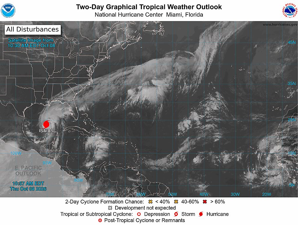 National Hurricane Center forecast cone for Hurricane Isaias in the Gulf of Mexico
