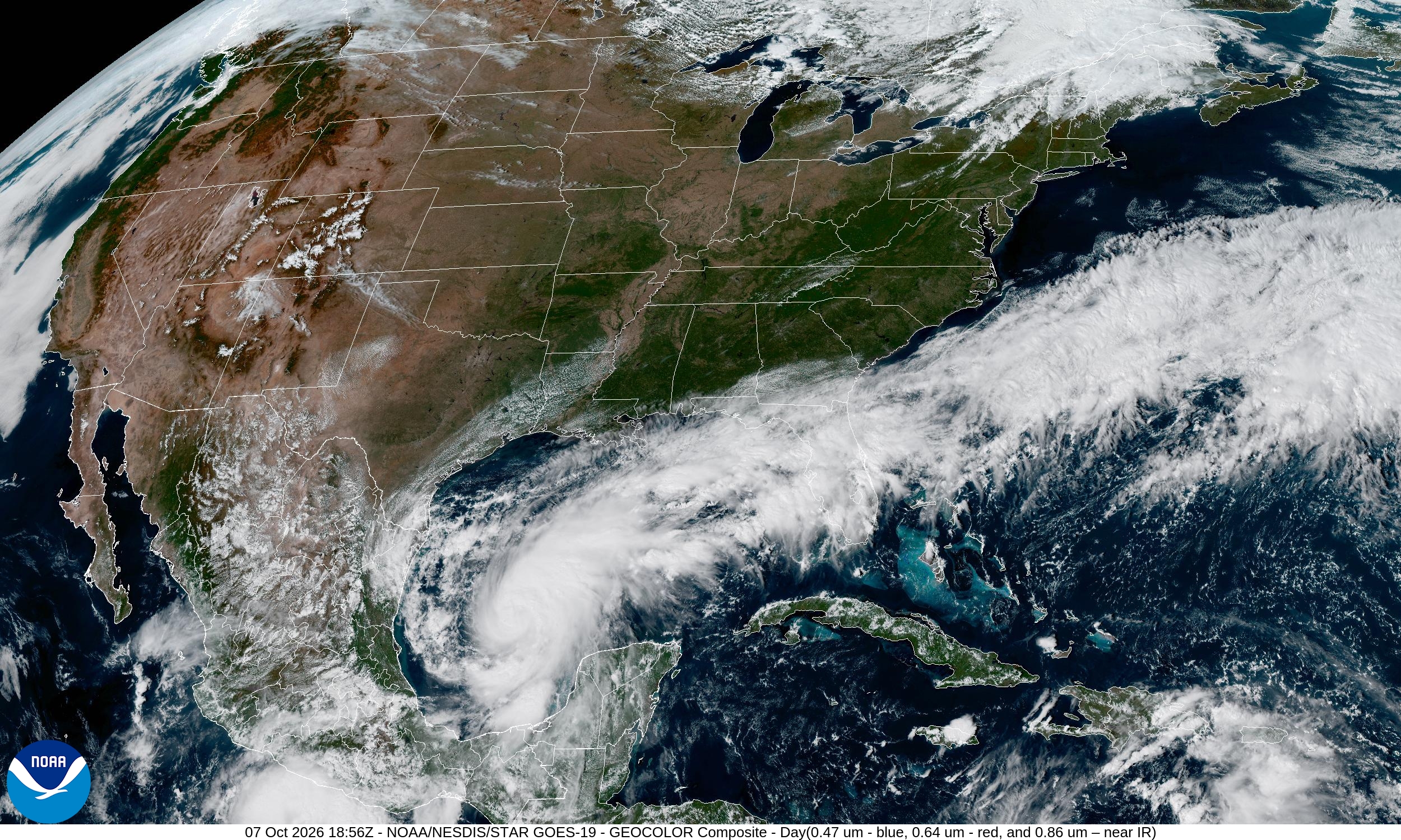 NOAA GOES-19 satellite image on October 7, 2026, showing Tropical Storm Isaias spinning in the Gulf of Mexico