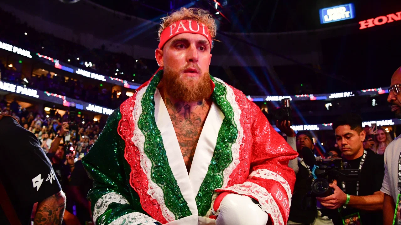 Jake Paul during his ring walk — cleared to box again nearly 10 months after Anthony Joshua broke his jaw in two places