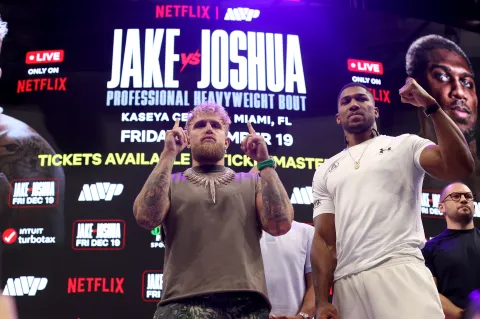 Jake Paul and Anthony Joshua face off — Joshua broke Paul's jaw in two places in their December fight in Miami
