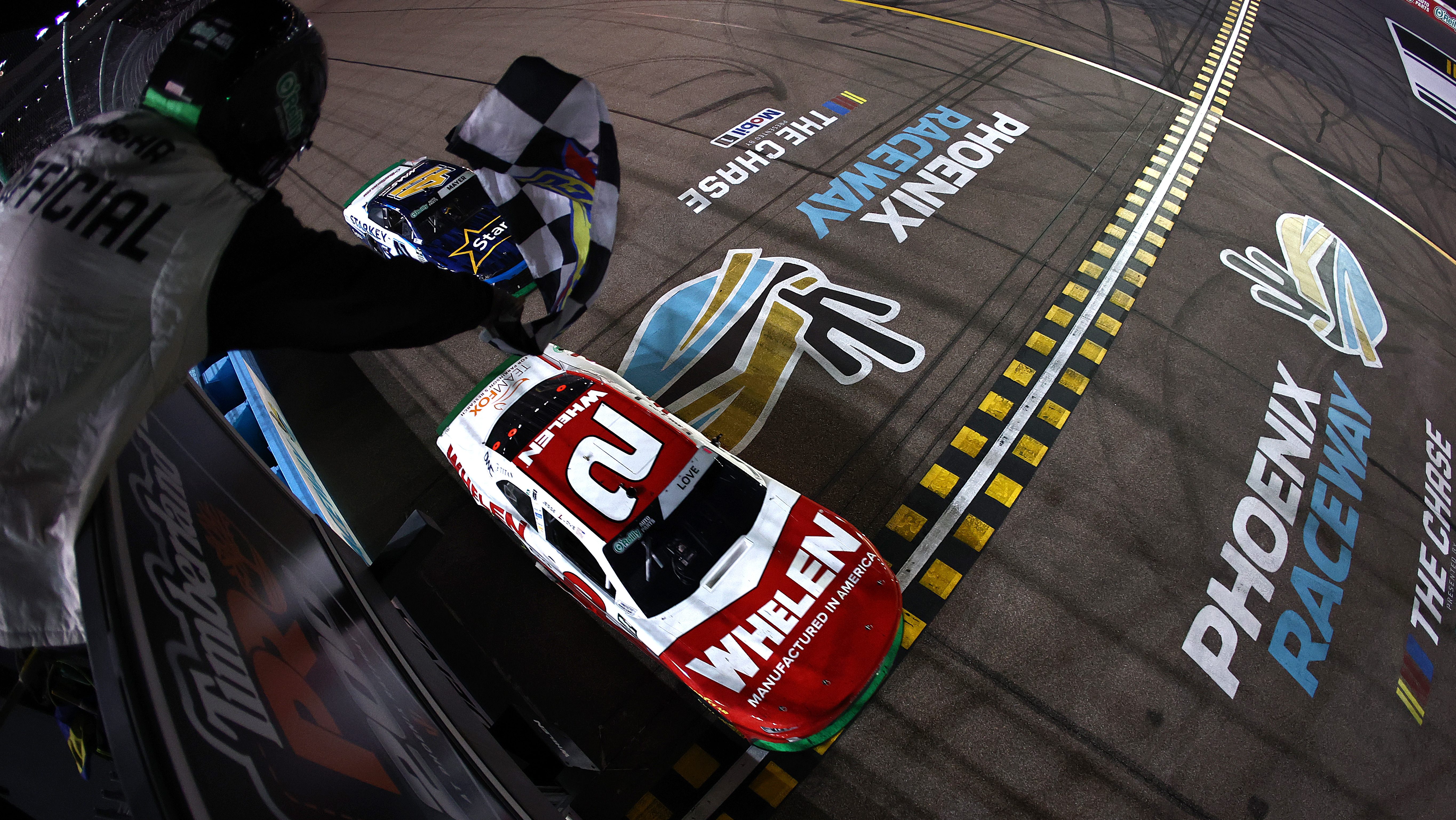 Jesse Love takes the checkered flag to win the Timberland PRO 200 at Phoenix Raceway