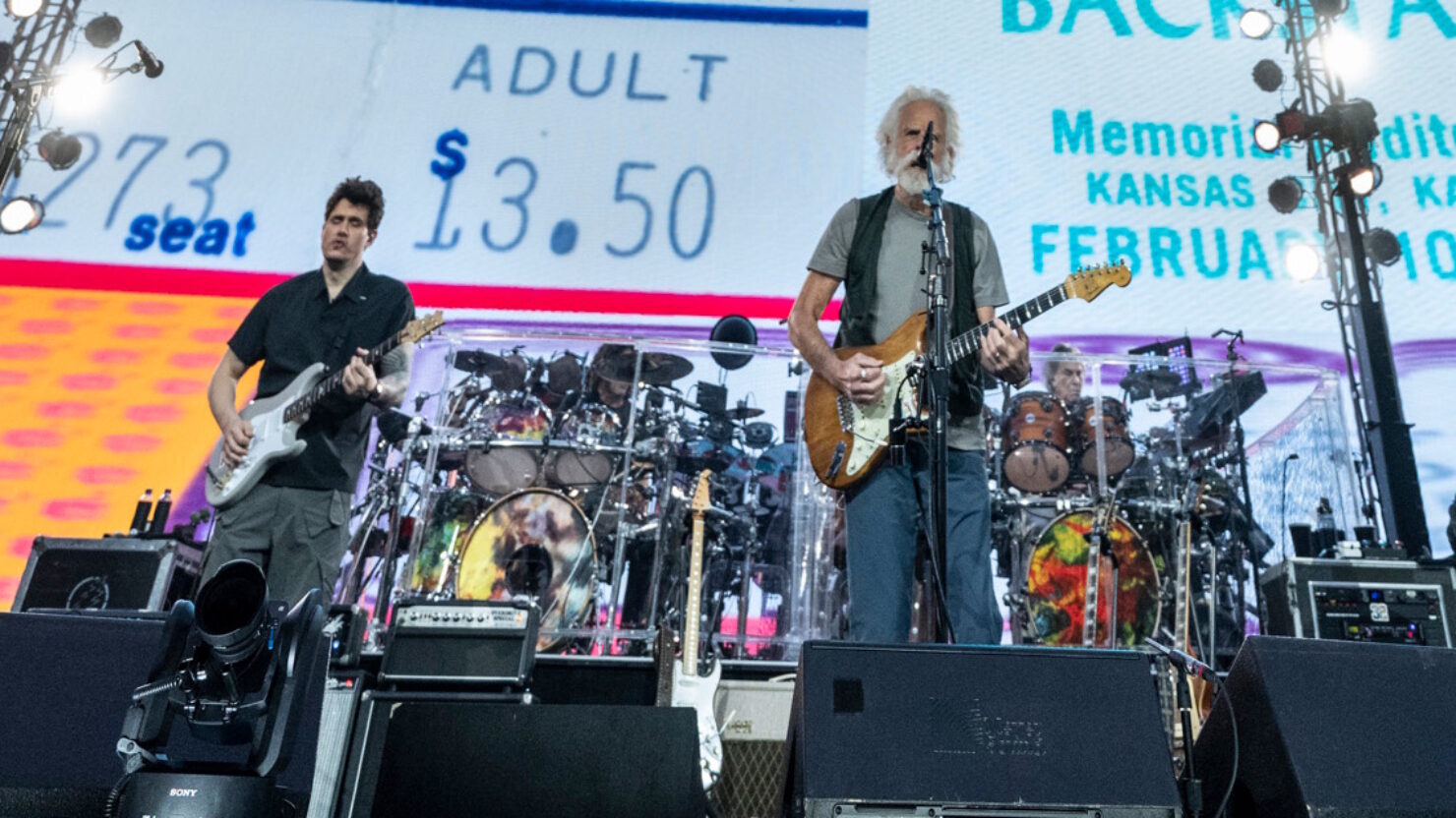 John Mayer and Bob Weir performing with Dead and Company at Sphere with giant ticket-stub visuals