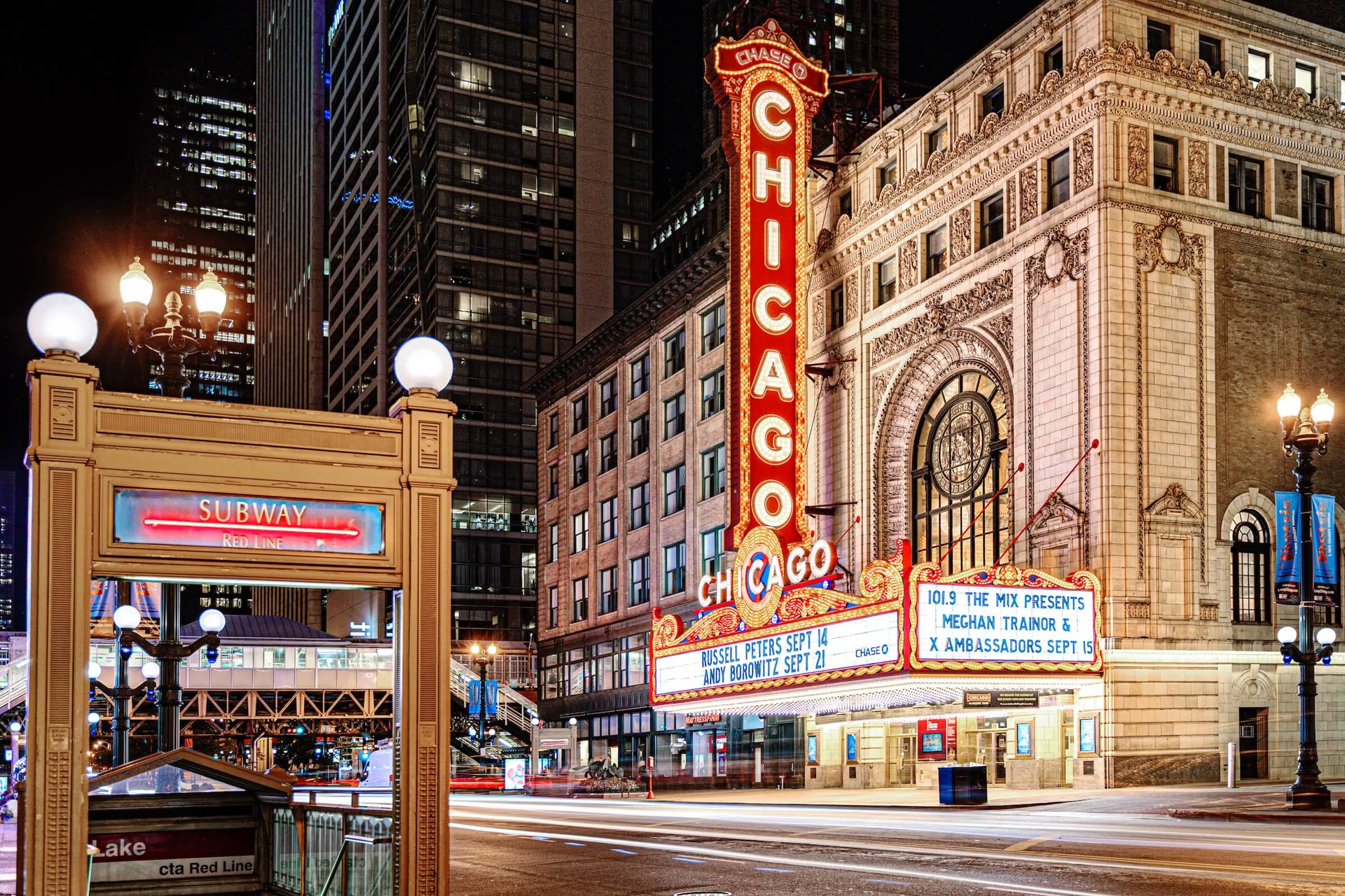 The Chicago Theatre marquee at night
