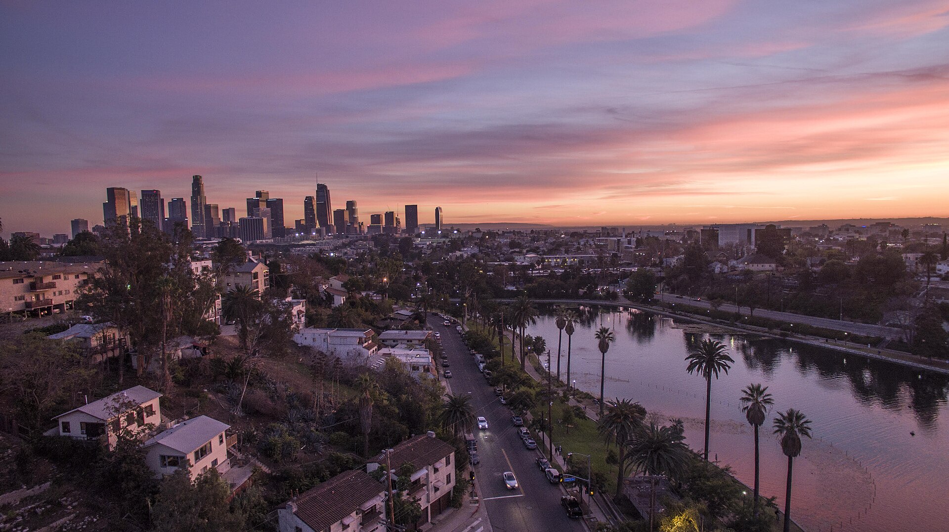 Echo Park Lake with the downtown Los Angeles skyline behind it (file photo)