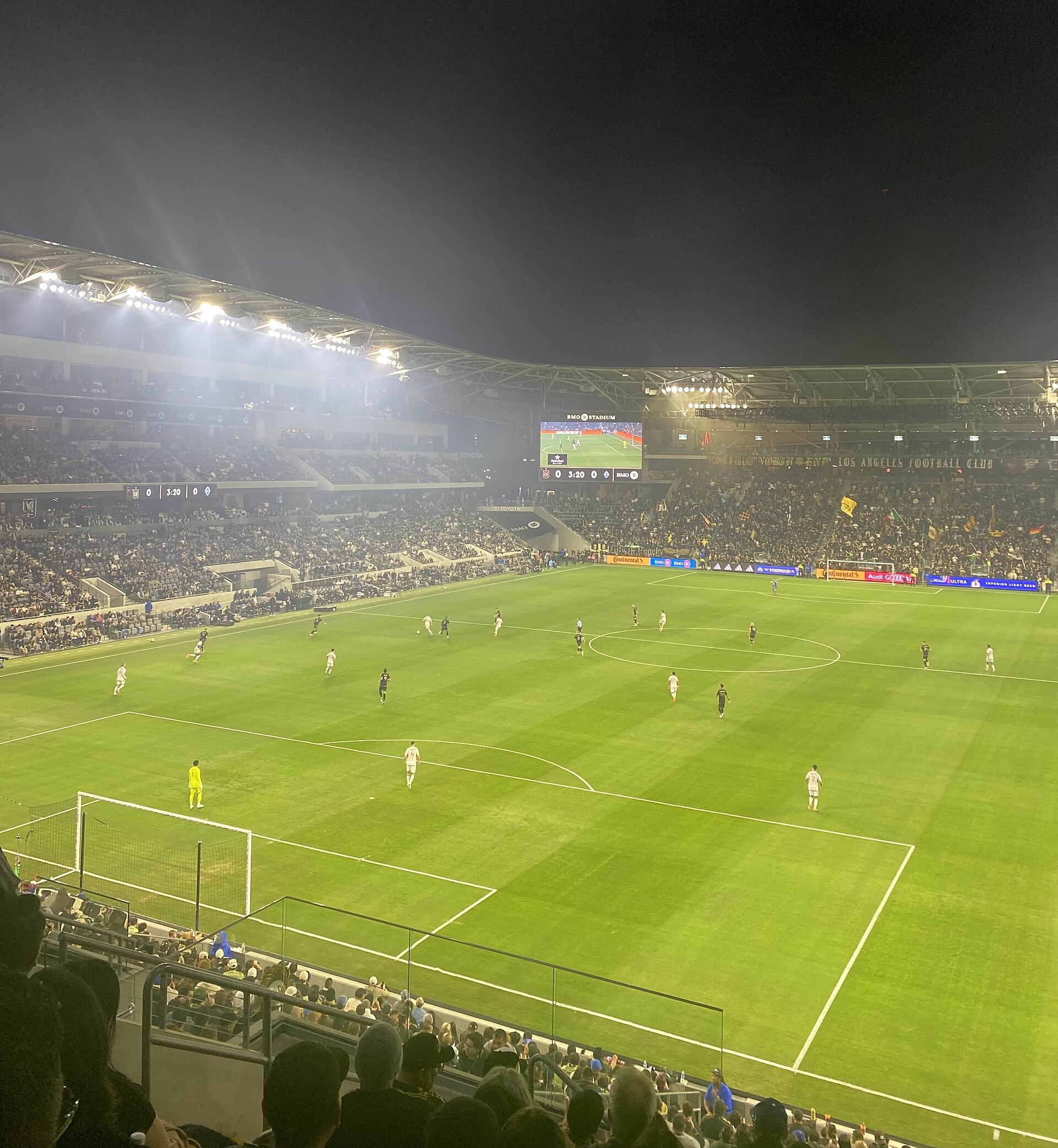 BMO Stadium at night during an LAFC vs Vancouver Whitecaps match