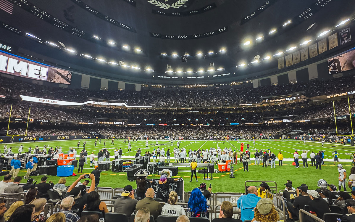 The Caesars Superdome packed under the lights for a New Orleans Saints game — the site of the Falcons' 45-24 Monday night win over the Saints