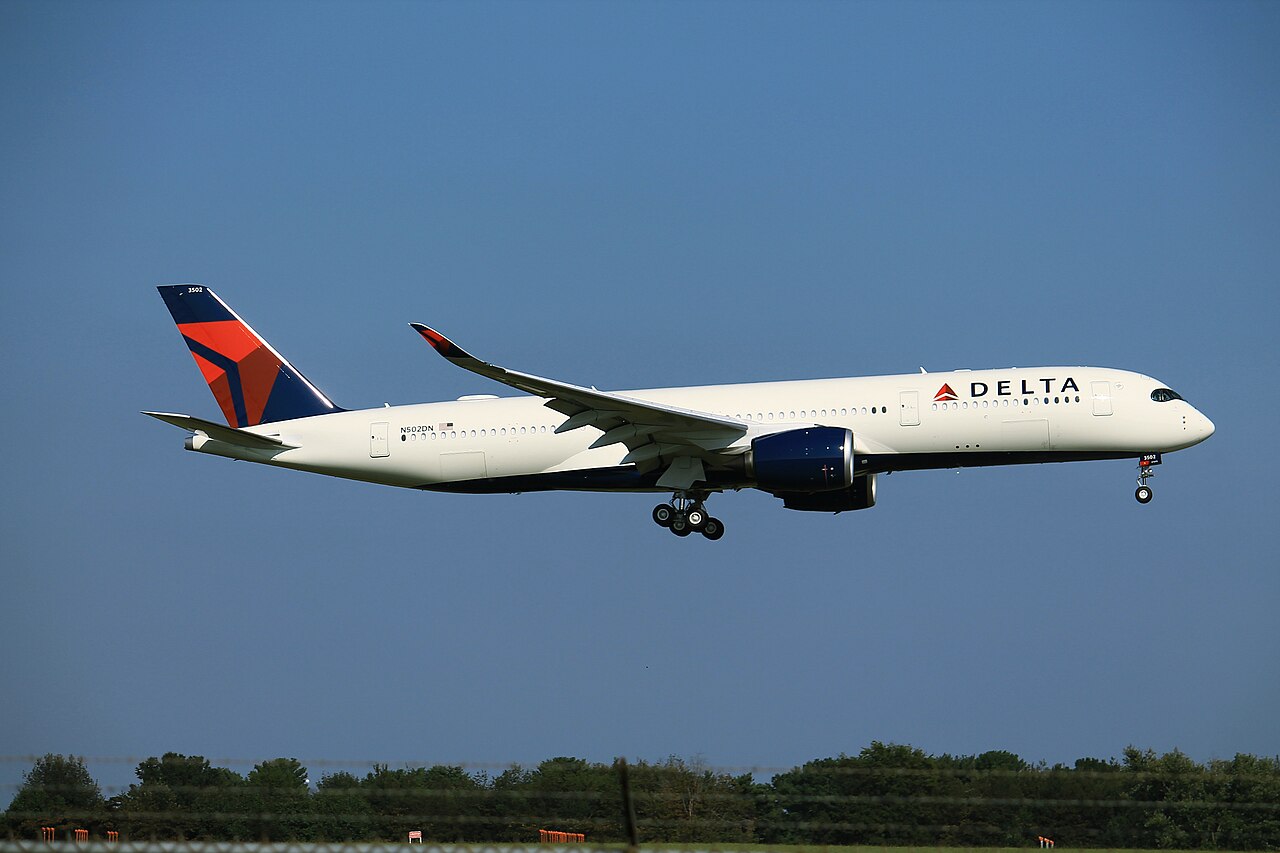 A Delta Air Lines Airbus A350-900 in flight.