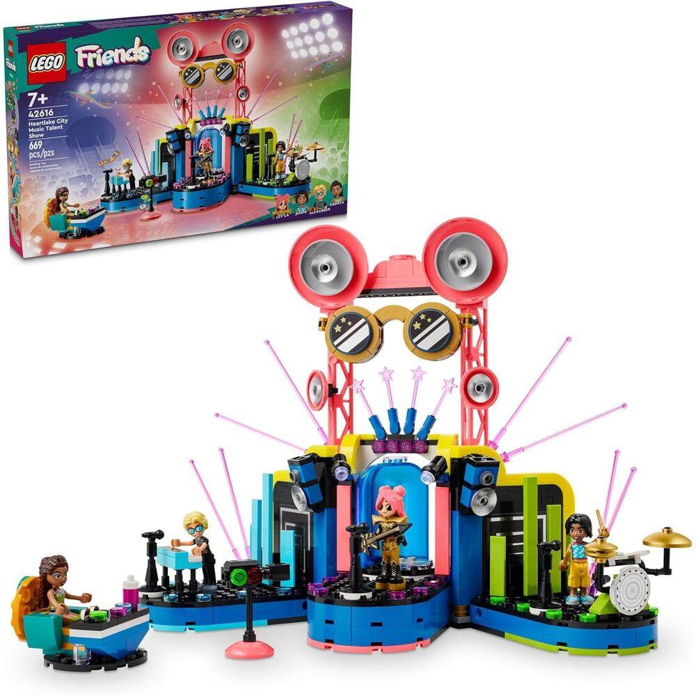 A colorful LEGO Friends Heartlake City set, brightly lit