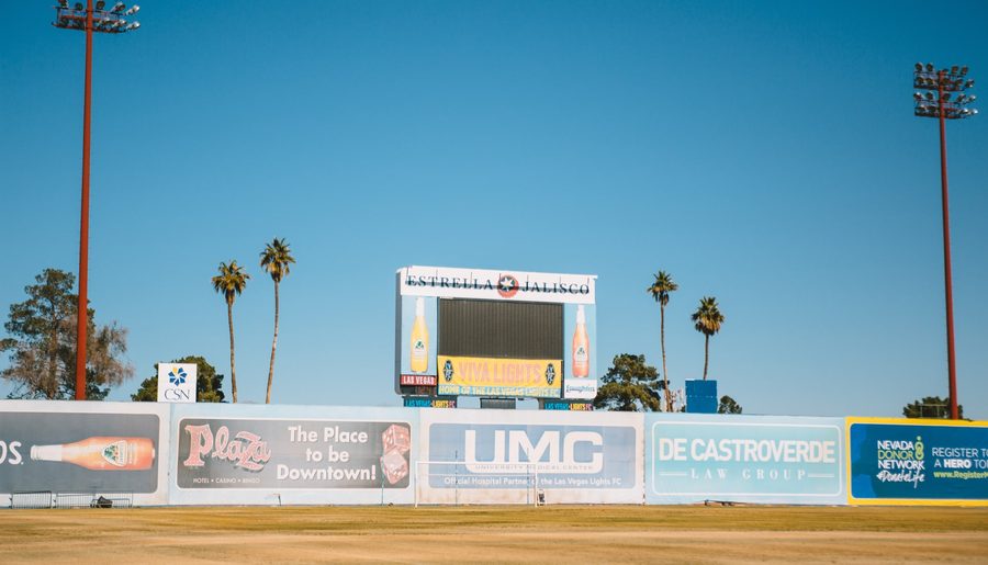 The Cashman Field scoreboard reading Viva Lights, home of Las Vegas Lights FC