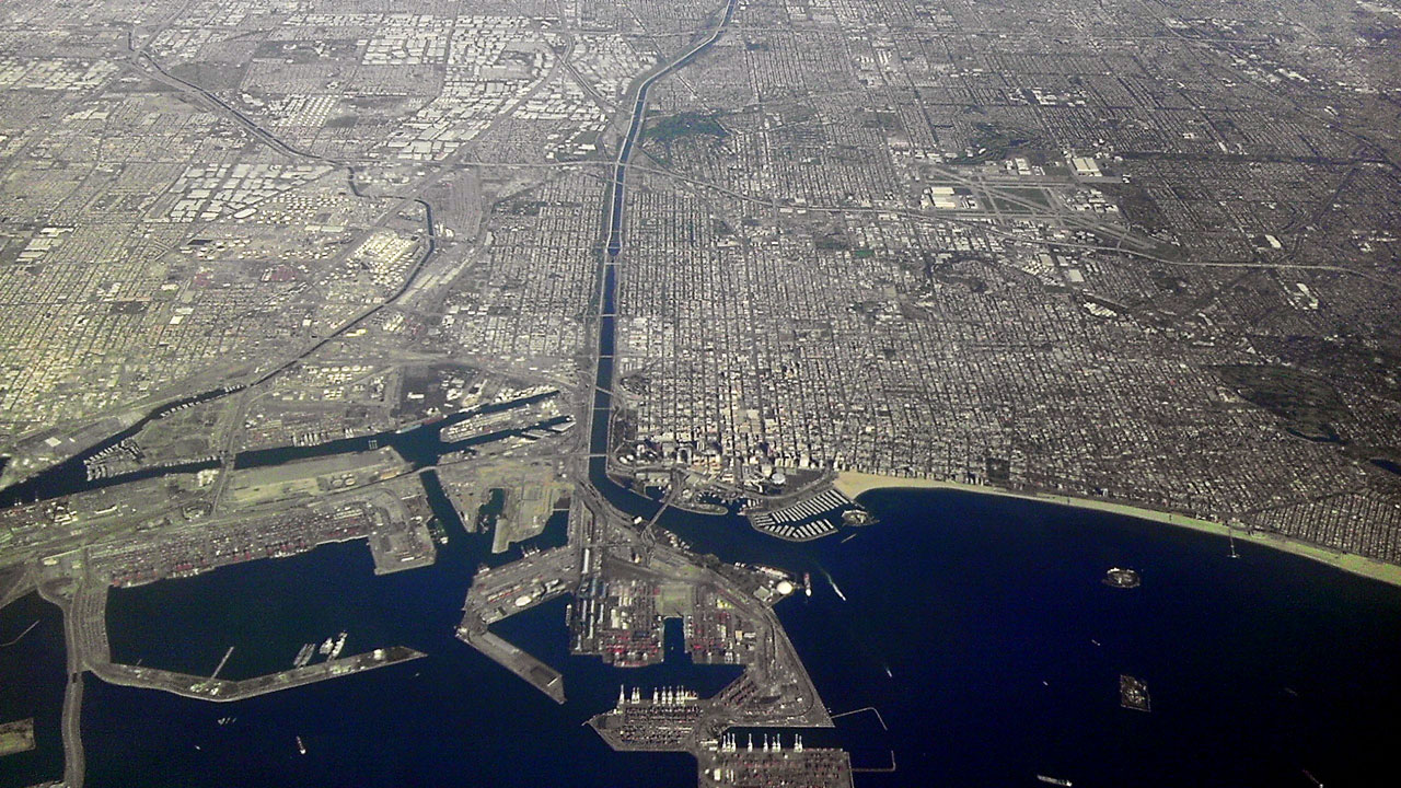 Aerial view of Long Beach, California looking north over the city