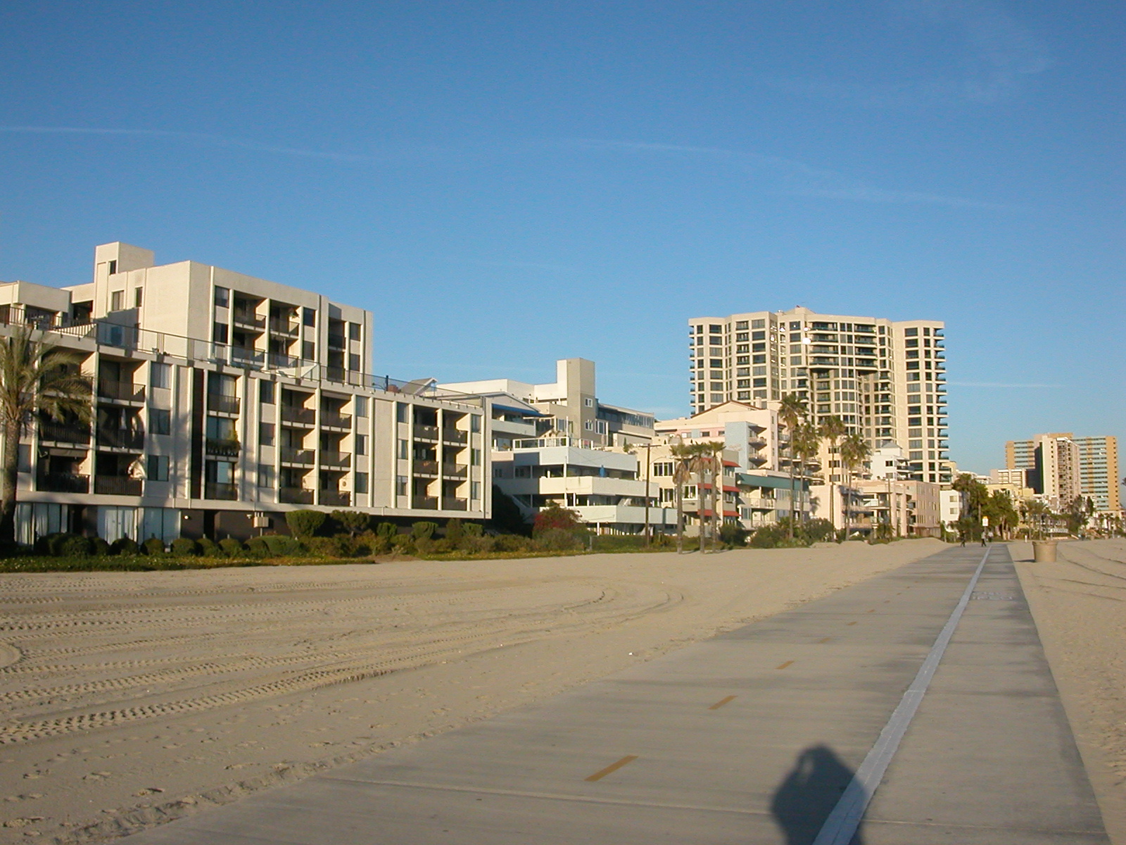 The Long Beach shoreline on a bright, calm day