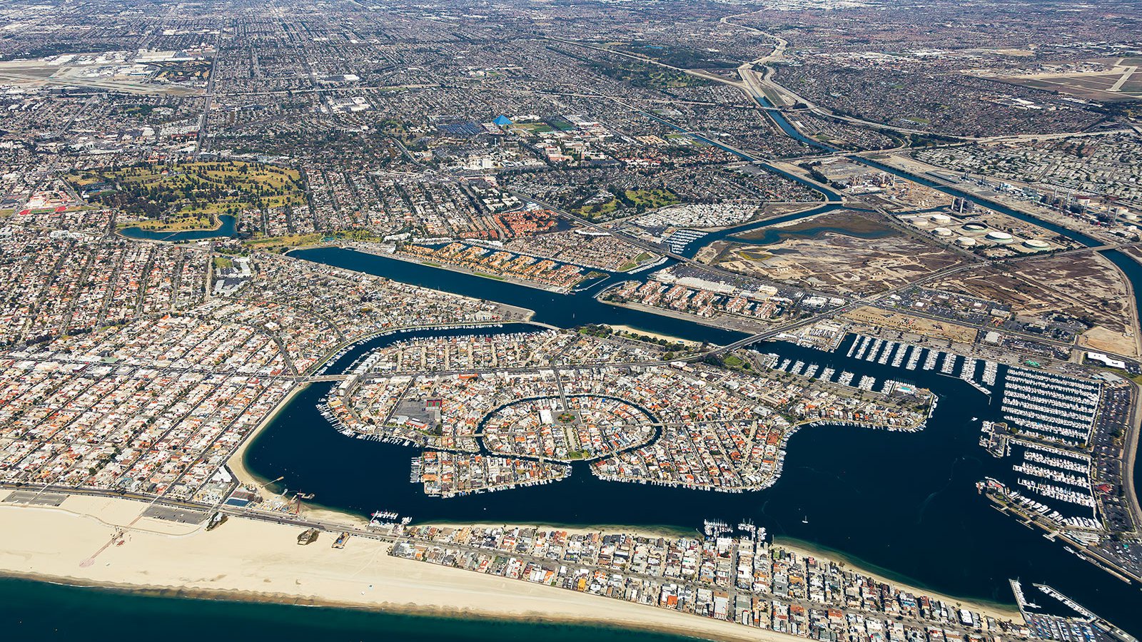 Aerial view of the Alamitos Peninsula area in Long Beach