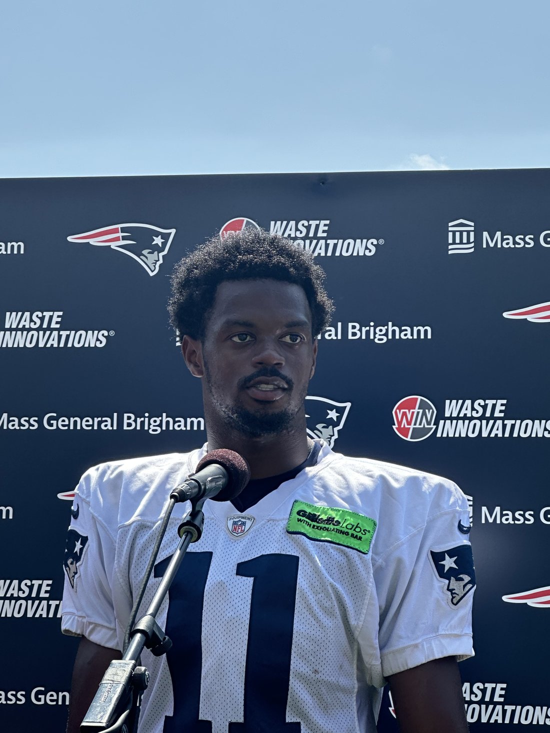 Tyquan Thornton answering press questions during 2023 Patriots training camp