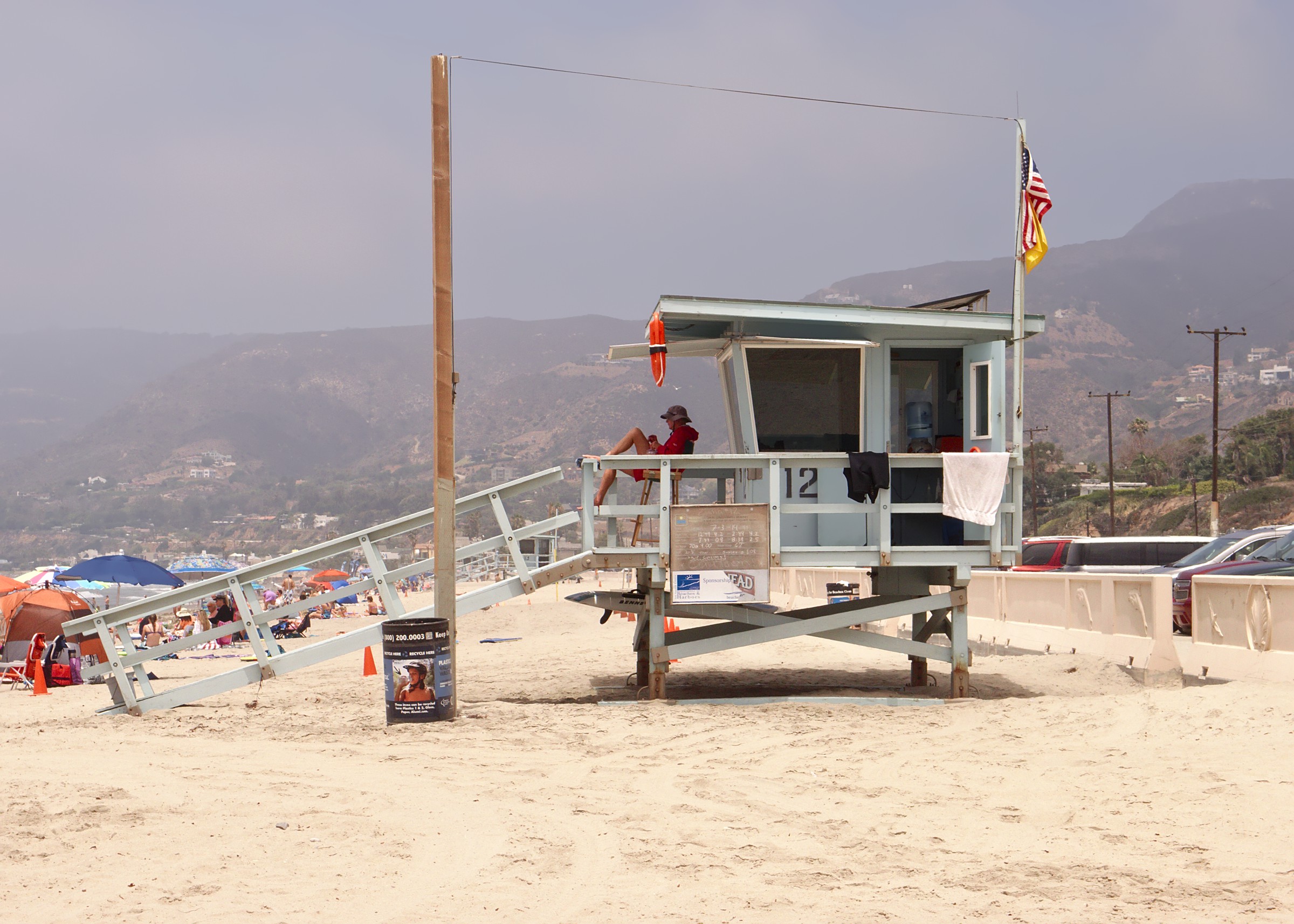 A Los Angeles County lifeguard tower at Zuma Beach, north of Malibu