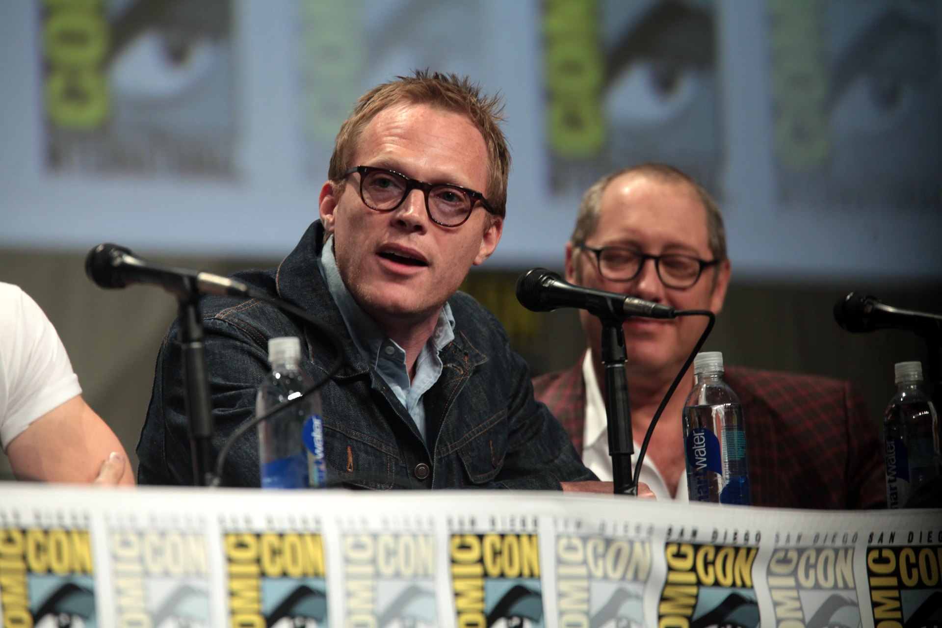 Paul Bettany and James Spader together at a Comic-Con panel, stars of Marvel's VisionQuest