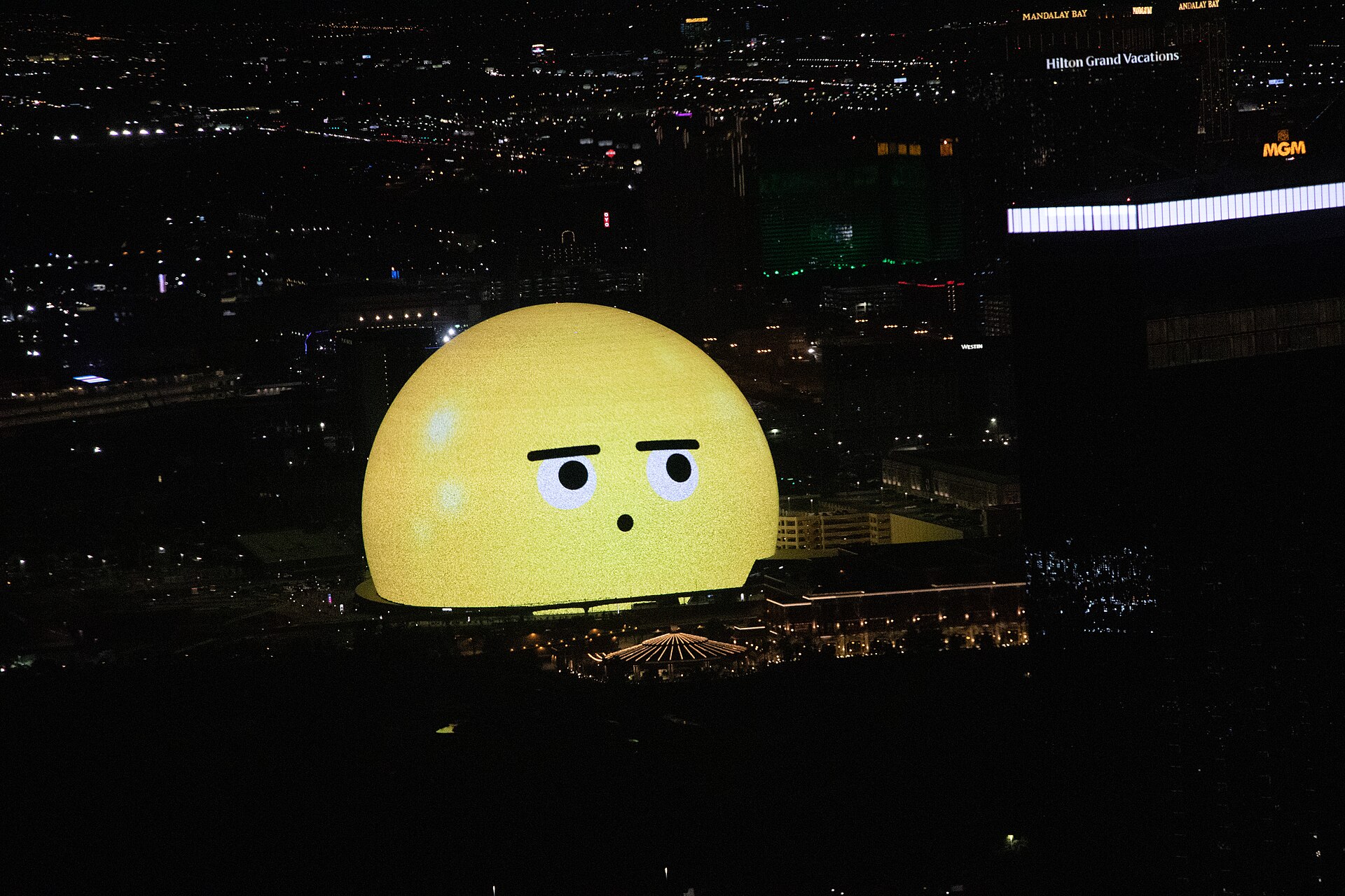 Sphere in Las Vegas glowing at night just off the Las Vegas Strip