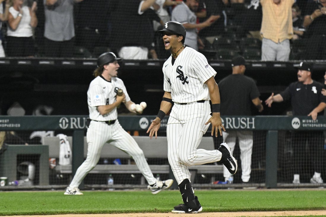Chicago White Sox outfielder Braden Montgomery celebrates on the field at Guaranteed Rate Field