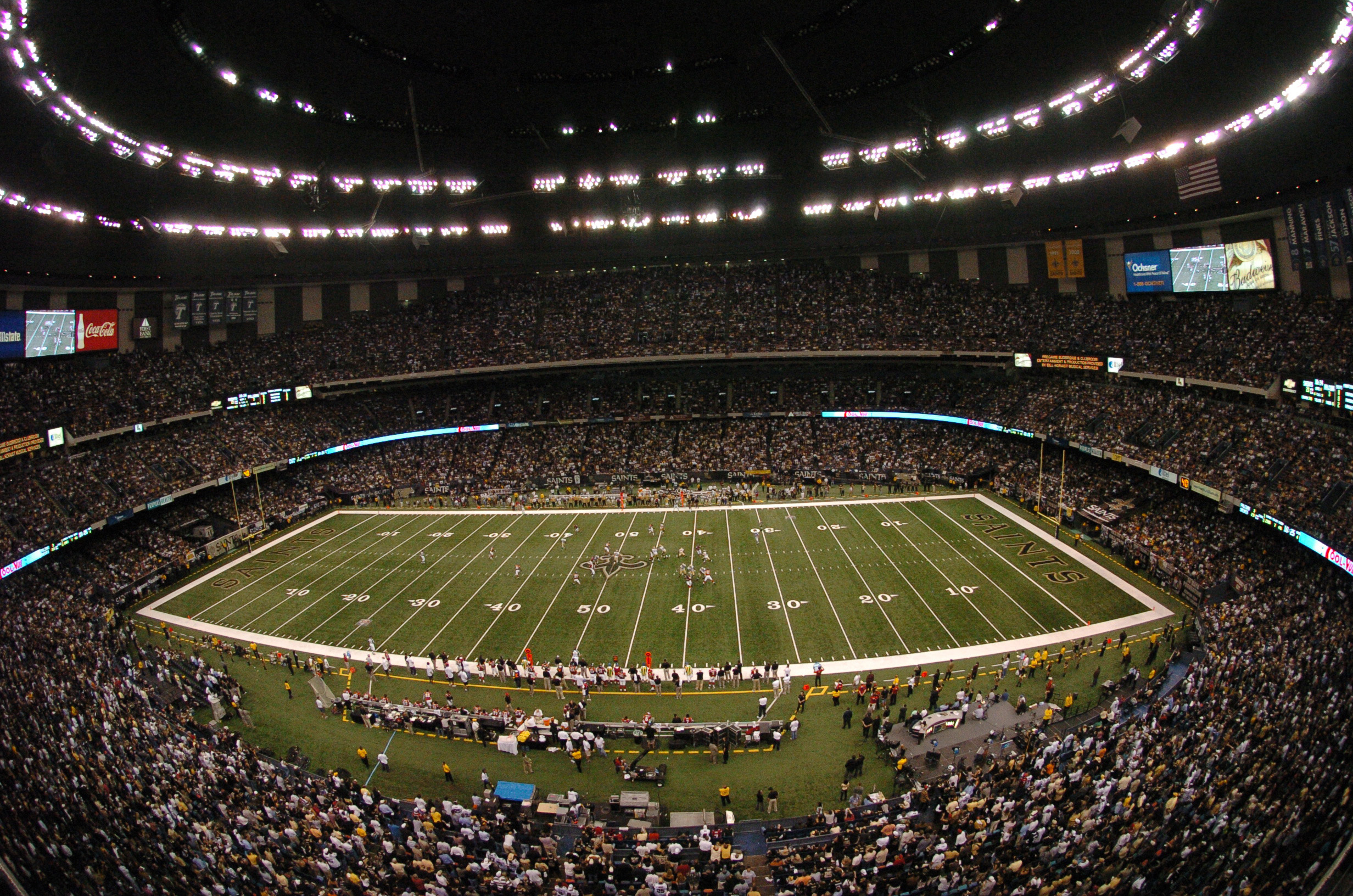 The sold-out Caesars Superdome under the lights for Falcons vs. Saints on Monday Night Football — the building hosted the 20th anniversary 'Domecoming' game on Oct. 5, 2026.