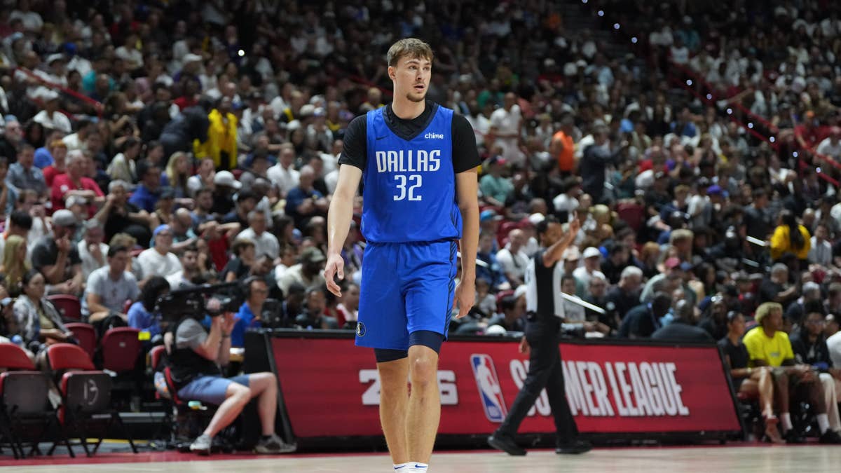 Cooper Flagg in a Mavericks uniform — the 2025 Rookie of the Year put up 19 points, 6 rebounds, and 3 assists in 19 minutes against the Rockets in Macao
