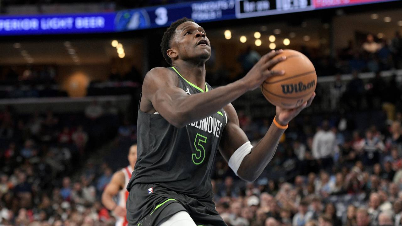 Minnesota Timberwolves star Anthony Edwards (5) in game action — the must-see draw as the Wolves visit the Bucks on Monday night.