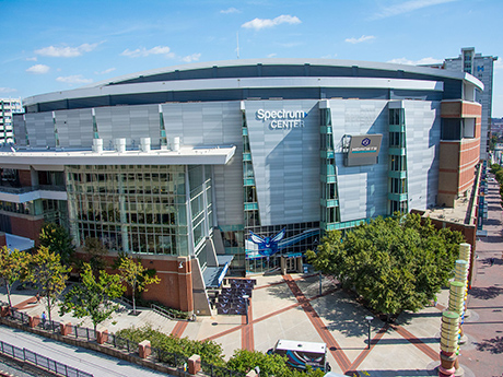 Spectrum Center in Charlotte on a bright afternoon, home of the Hornets
