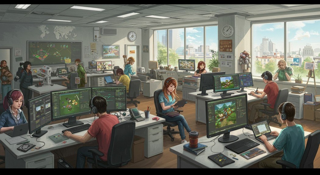 Game developers collaborating in a studio workspace