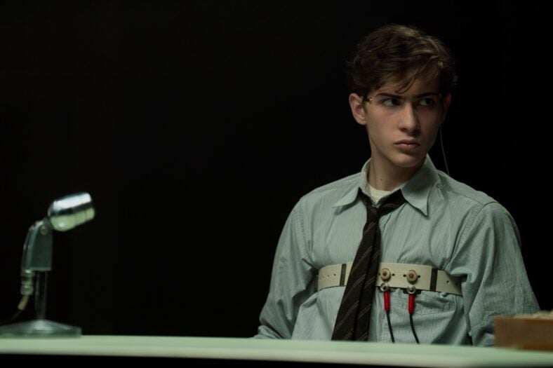 Jacob Tremblay as Ted Kaczynski wired for one of Dr. Henry Murray's psychological experiments