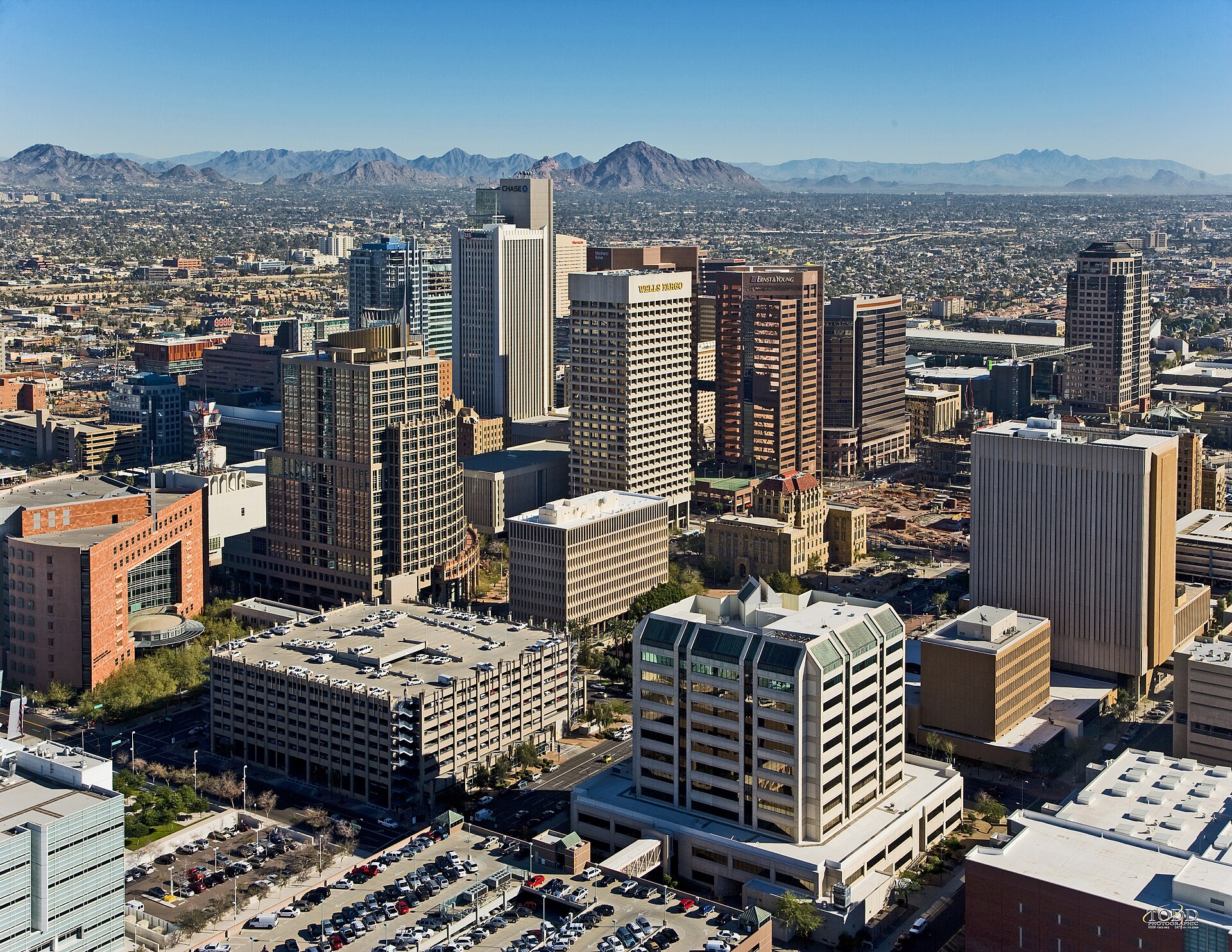 Downtown Phoenix seen from the air, looking northeast