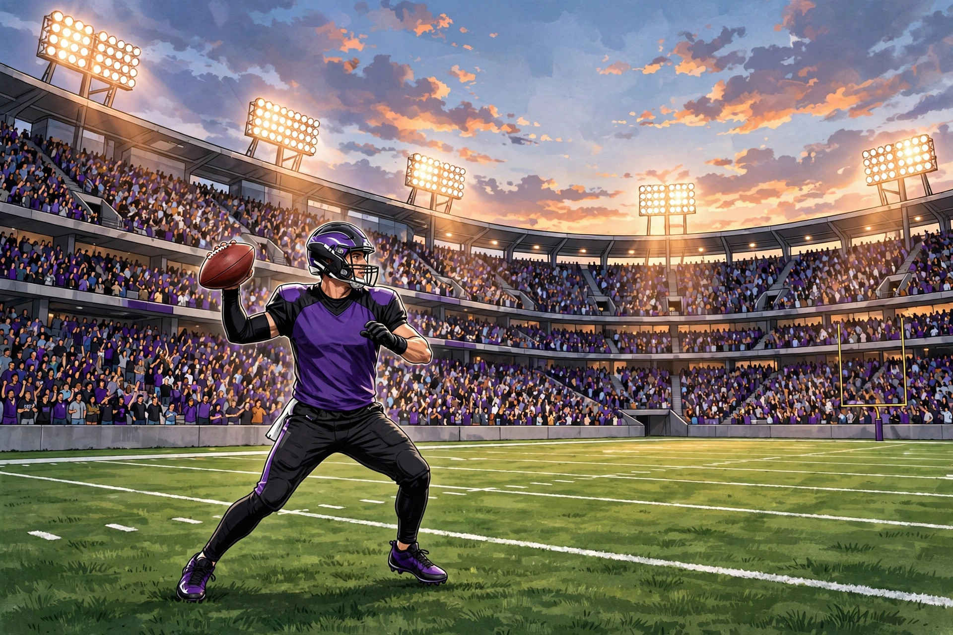 Lamar Jackson and the Baltimore Ravens warming up under the stadium lights before a night game (illustration)