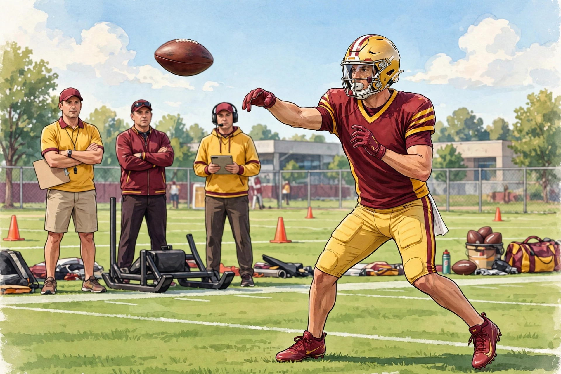 Cincinnati Bengals wide receivers in orange running routes on a sunny practice field (illustration)